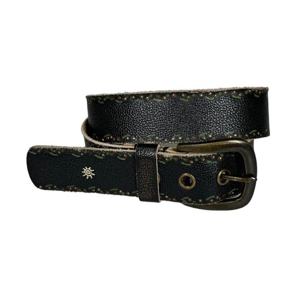 Boho Artisan Black Distressed Painted Floral Belt OS Cottage Western Casual - Picture 1 of 5
